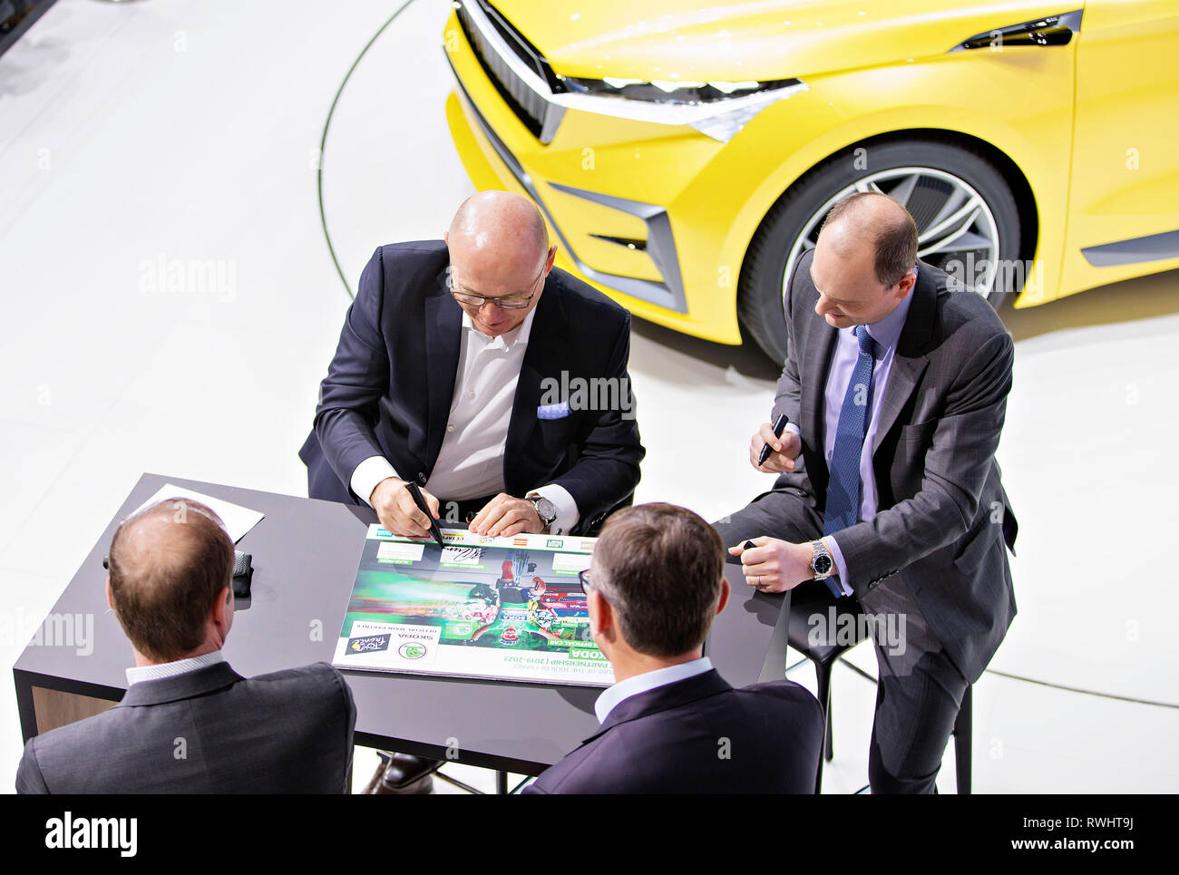 Skoda Auto CEO Bernhard Maier (left) signed a sponsorship contract with Tour de France organiser A.S.O. up to 2023 during the 2019 Geneva Internationa Stock Photo