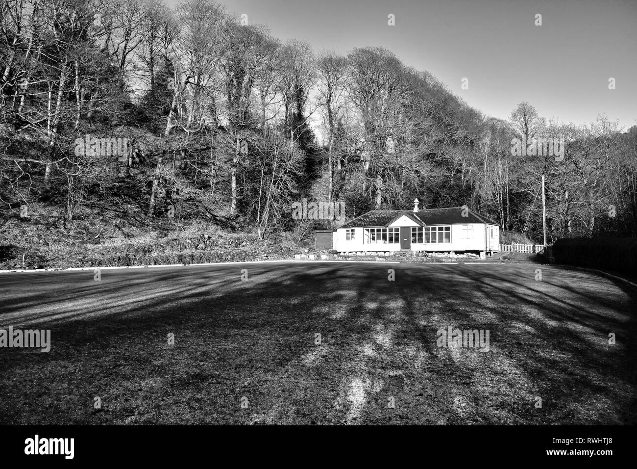 Bowling Green and clubhouse pavilion in winter, Hebden Bridge, Calderdale, West Yorkshire Stock Photo