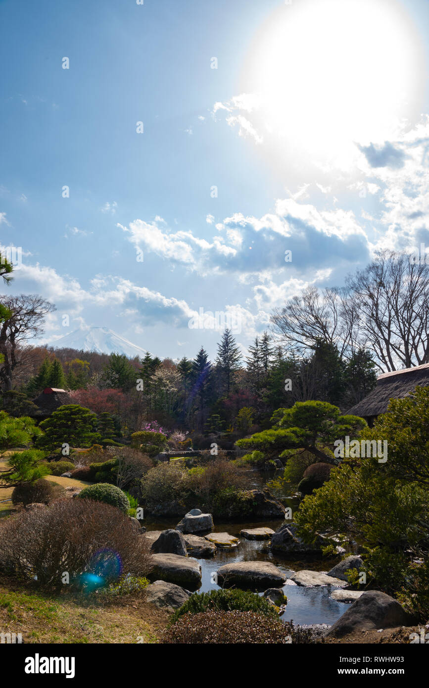 Traditional house, spring garden at ancient Oshino Hakkai village near Mt. Fuji, Fuji Five Lake region, Minamitsuru District, Yamanashi Prefecture, Ja Stock Photo