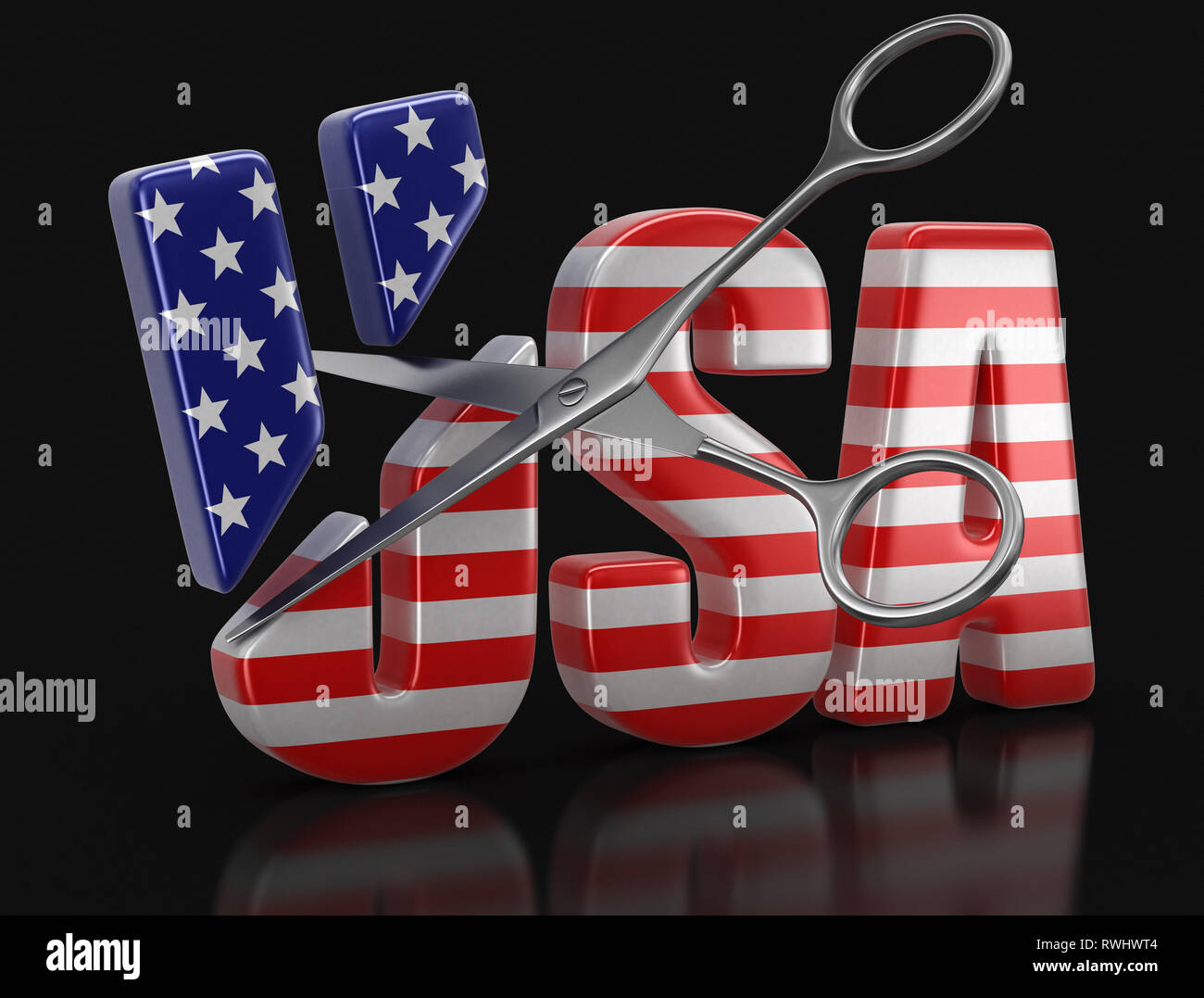Scissors and text USA with flag. Image with clipping path Stock Photo