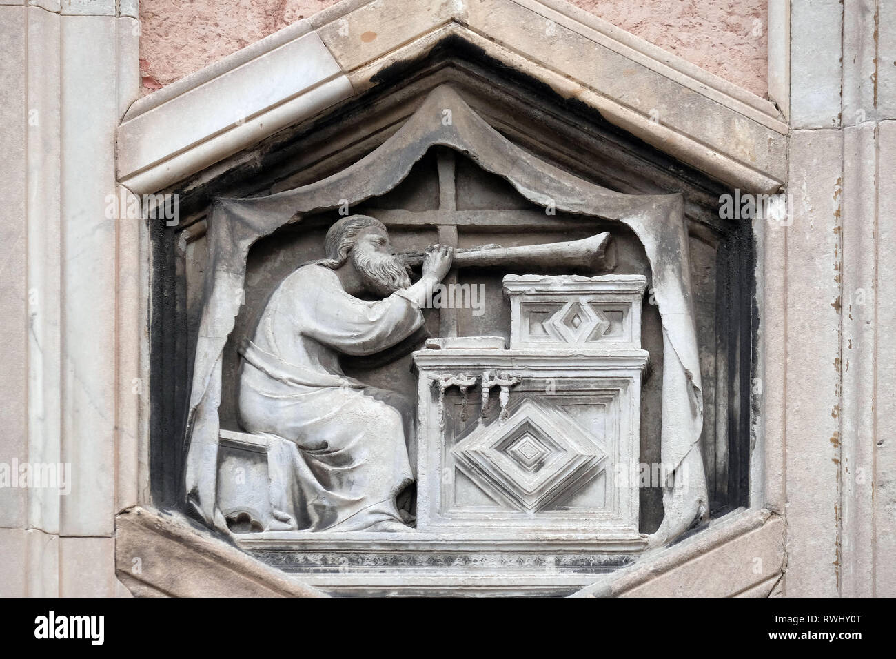 Jubal by Nino Pisano, 1334-36., Relief on Giotto Campanile of Cattedrale di Santa Maria del Fiore (Cathedral of Saint Mary of the Flower), Florence, I Stock Photo