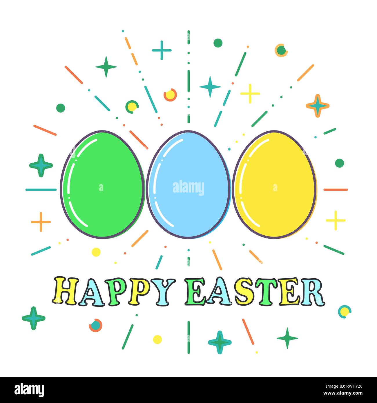 Happy Easter, Flat blue, green and yellow easter eggs vector. Stock Vector