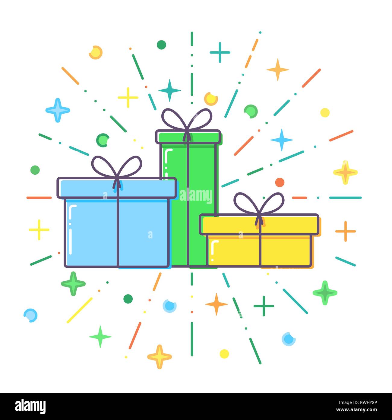 Flat blue, green and yellow Gift boxes vector. Stock Vector