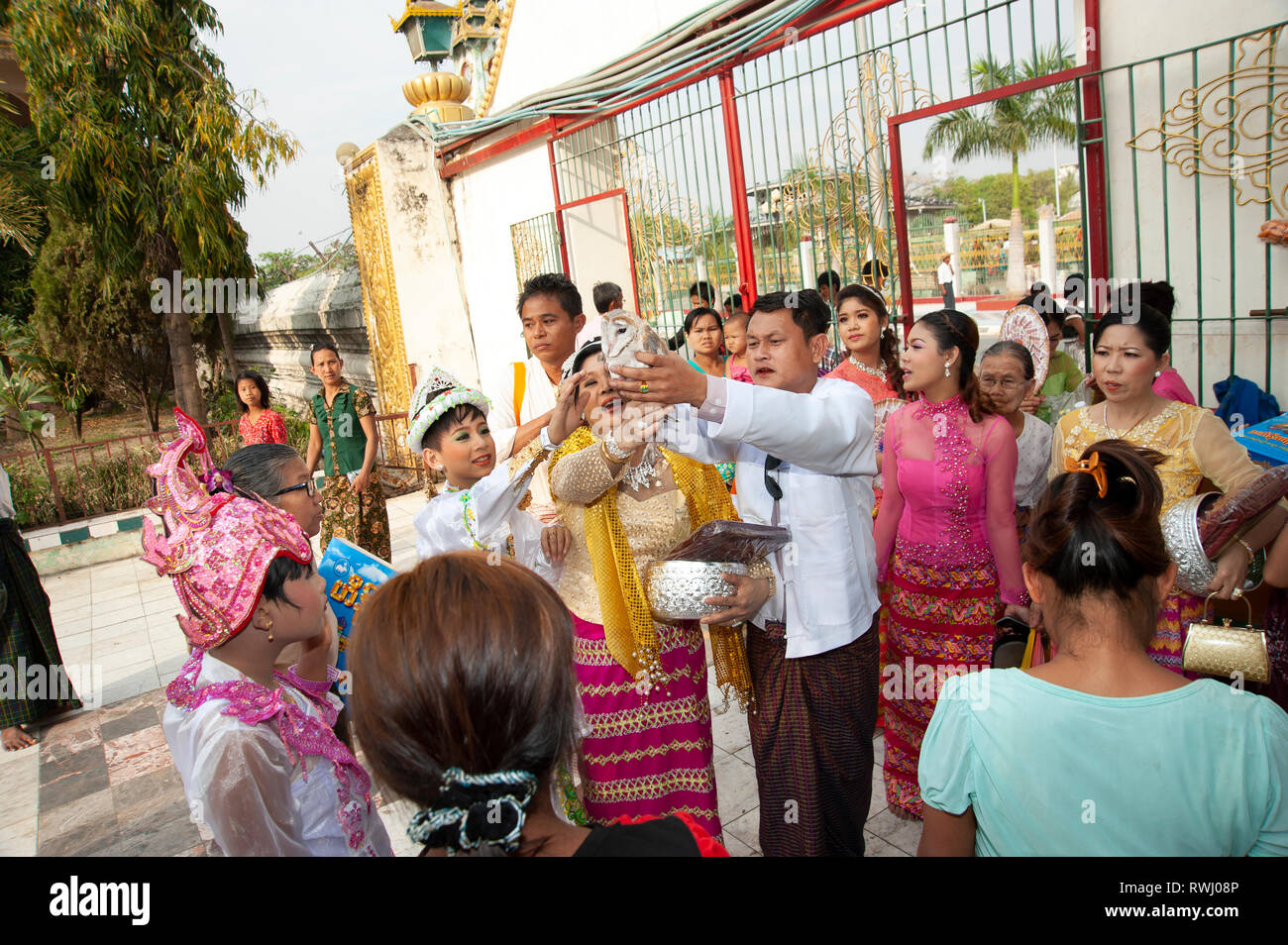 Burmese family releasing an owl into the air as a symbol of good luck at their boy's coming of age ceremony in Mandalay Myanmar Stock Photo