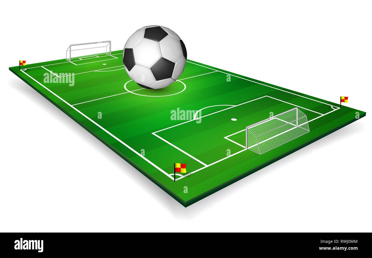Football field, soccer field set with football ball. Perspective vector