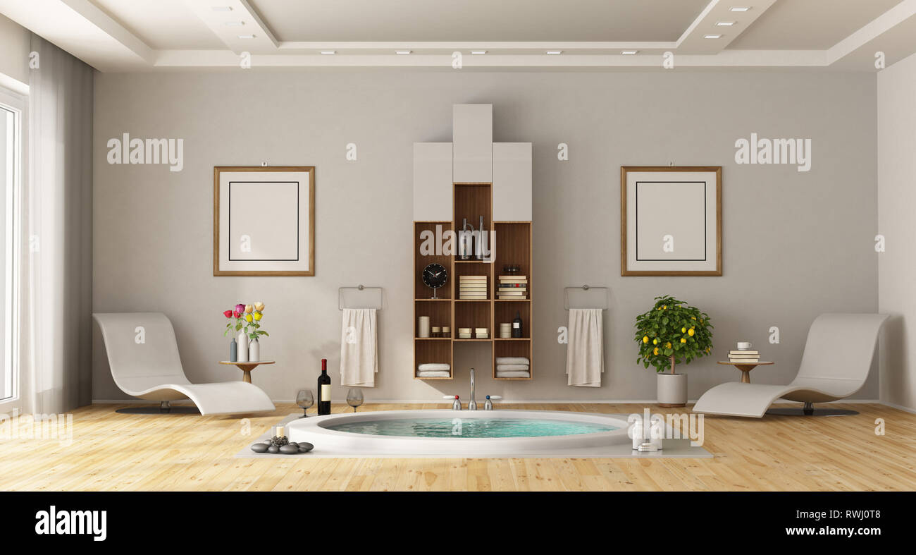 Luxury bathroom with builtin round bathtub, chaise lounges and