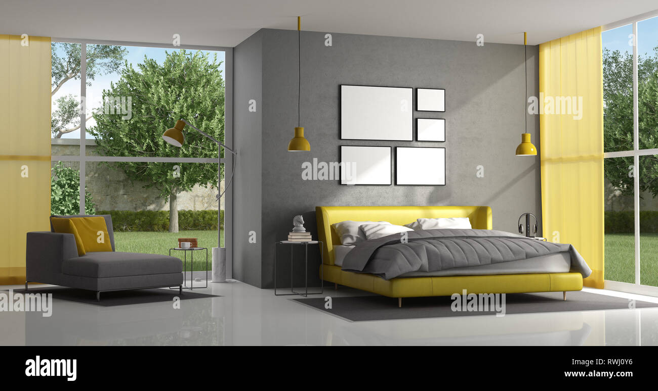 Gray and yellow master bedroom of a modern villa - 3d rendering Stock Photo