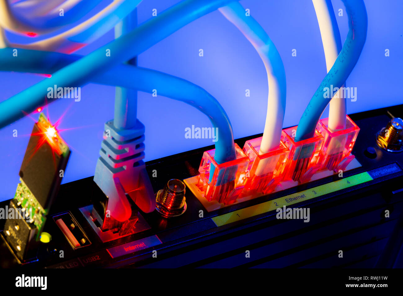 connection, RJ45 plug, LAN cable, patch cable, in an modem, Stock