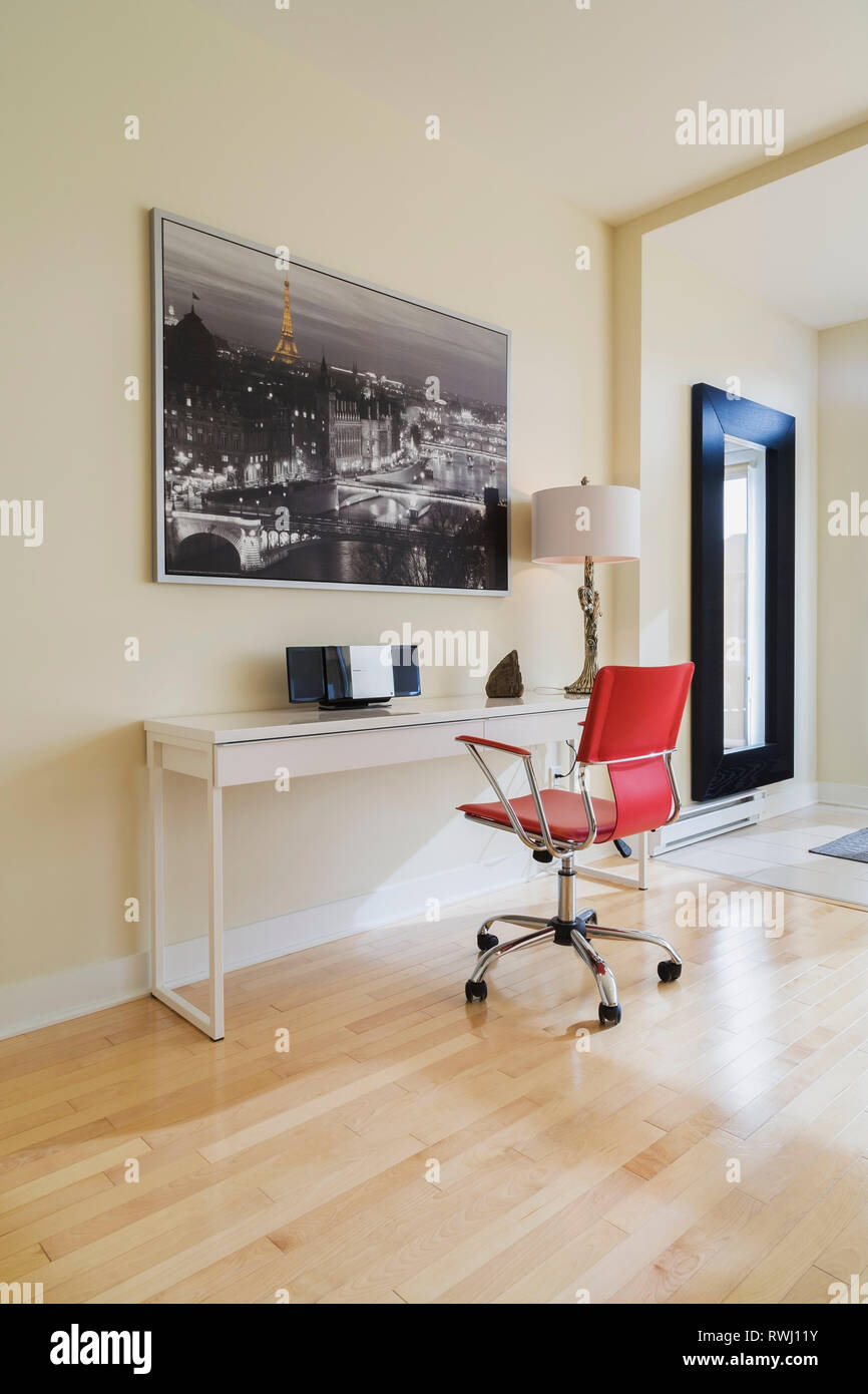 Red High Back Leather Chair And White Table Desk In Modern Living