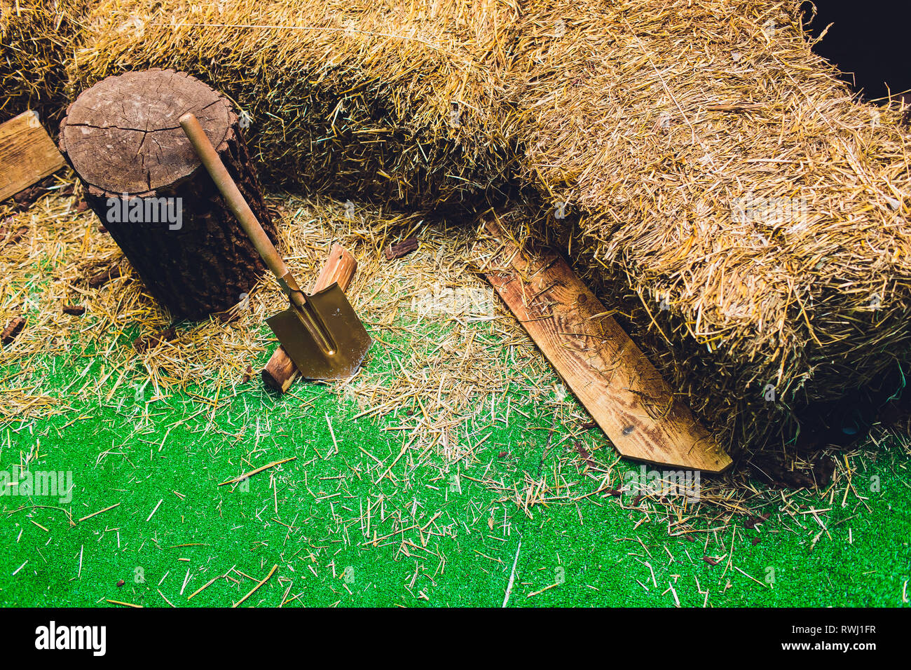 hay bales and pillows. rustic style area. jugs for milk on a haystack. straw Stock Photo