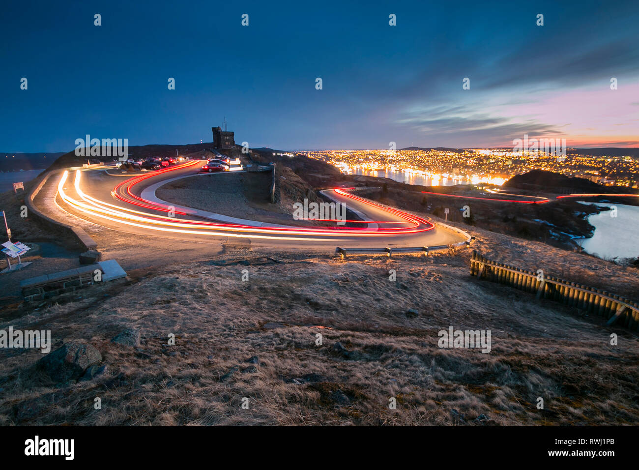 Long exposure light trails at cabot tower hires stock photography and