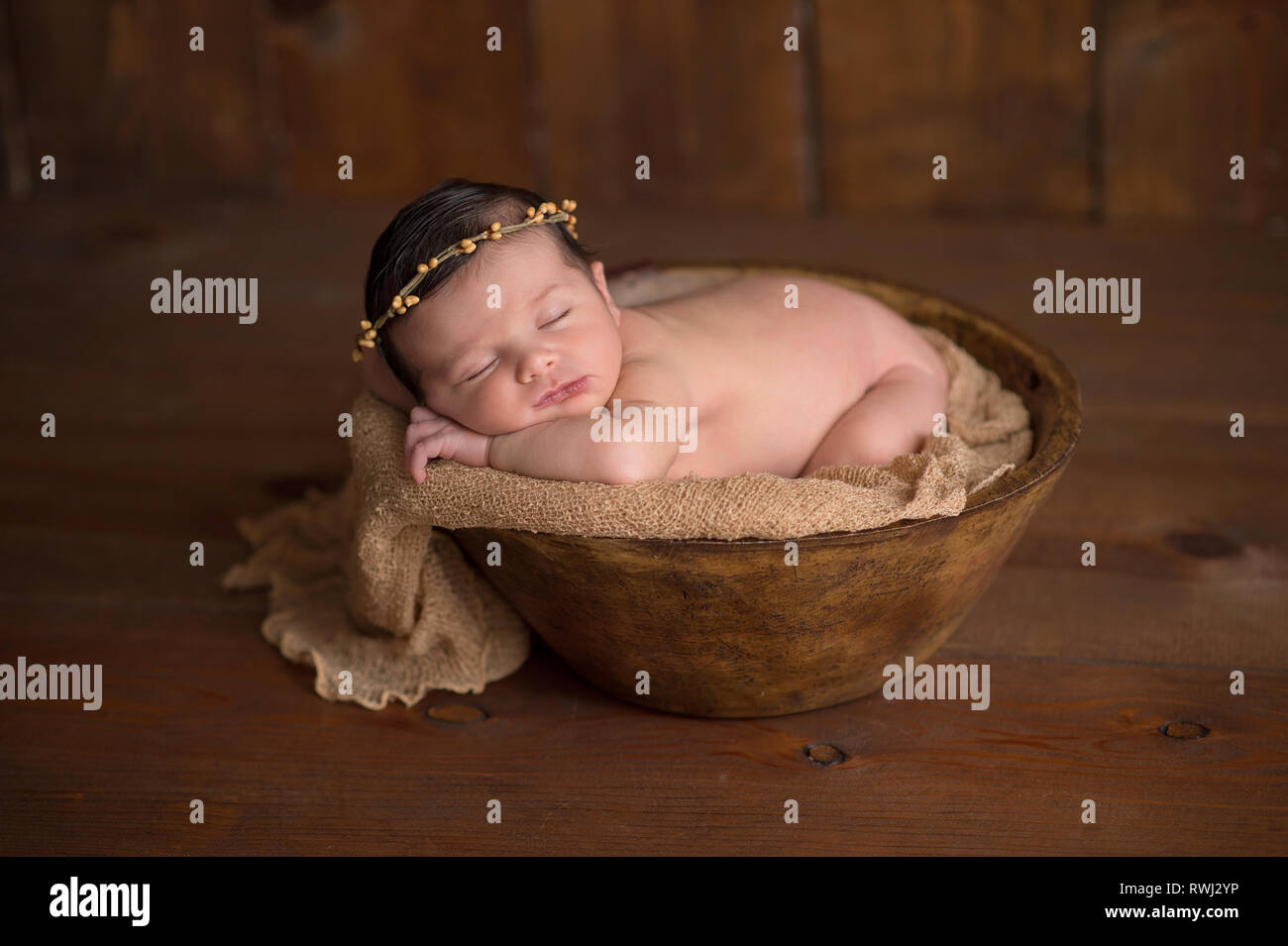Portrait of a week old sleeping newborn baby girl. She is wearing a natural, twig crown and sleeping inside of a little bowl. Stock Photo