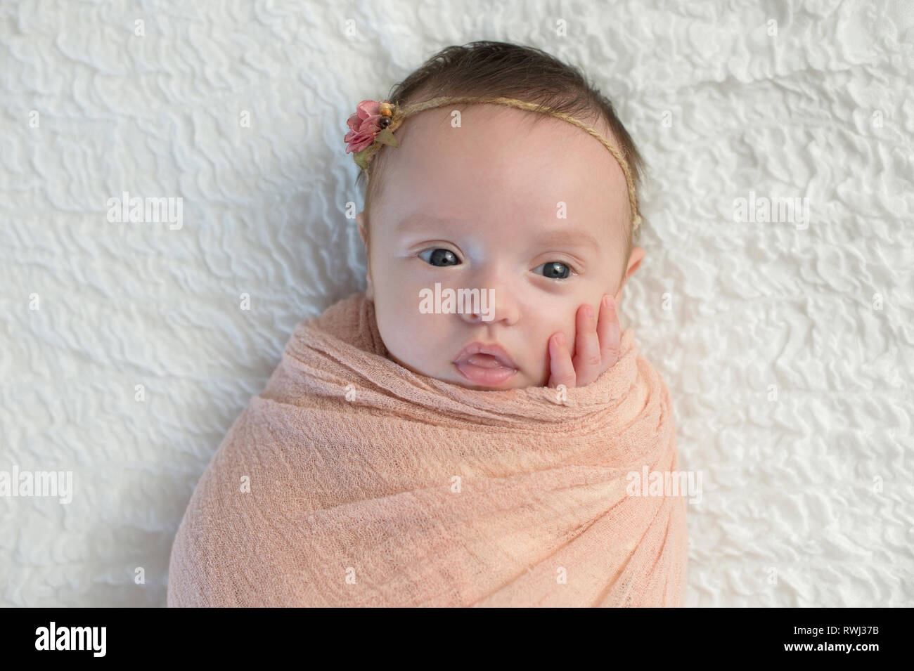 Alert month old baby girl swaddled in a peach colored wrap. Shot in the studio on a white blanket. Stock Photo