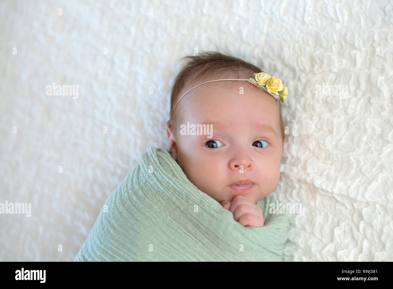 Alert one month old baby girl swaddled in a mint green colored wrap. She has a funny expression on her face. Stock Photo
