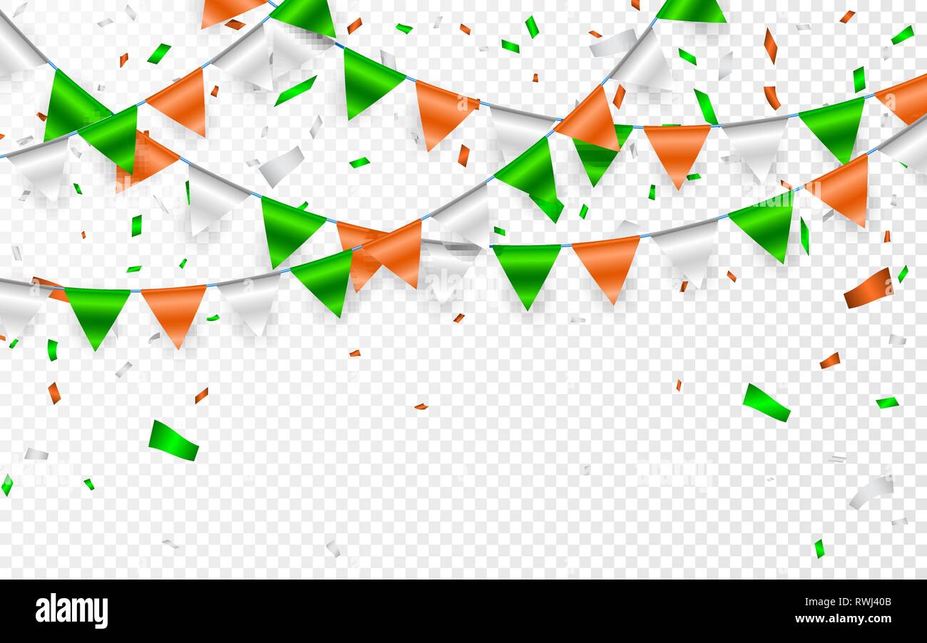 Flags Garland to St. Patrick's Day. Party background with flags garland. Garlands of orange white green flags and foil confetti. Vector illustration. Stock Vector