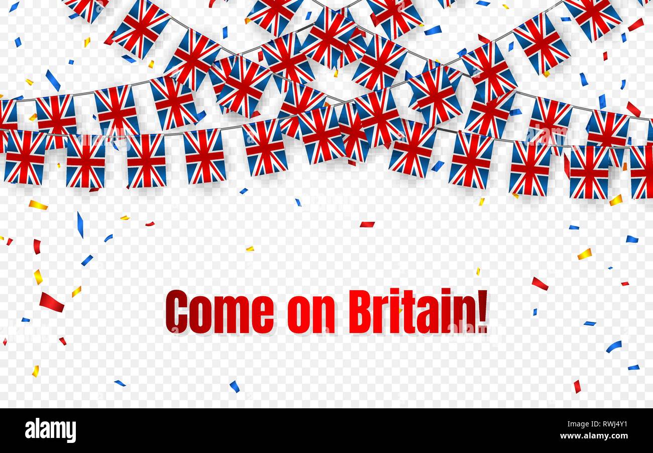 Britain garland flag with confetti on transparent background, Hang bunting for celebration template banner, Vector illustration. Stock Vector