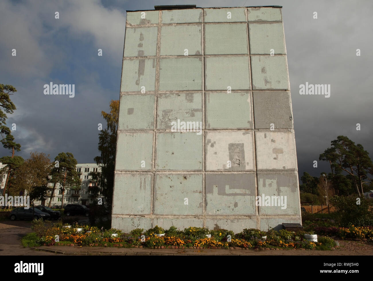 Abandoned apartment block facade at former Soviet military base in city of Karosta, Latvia Stock Photo