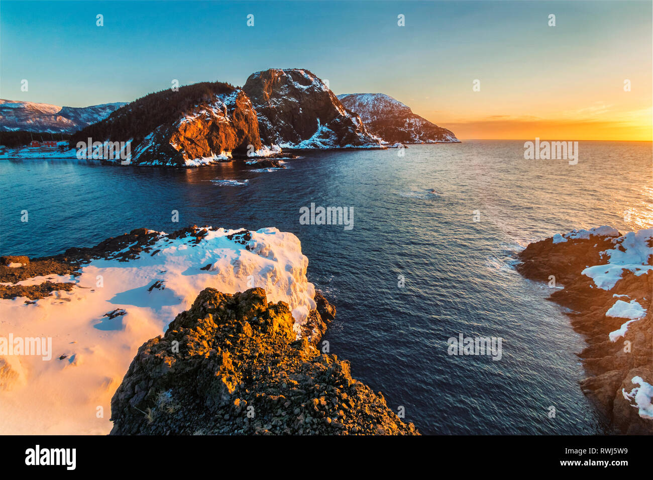Sunset in Bottle Cove, Lark Harbour, Bay of Islands, Newfoundland and Labrador, Stock Photo