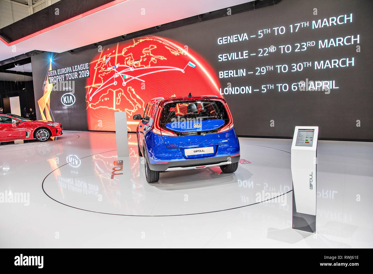 Kia e-Soul, electric car, was presented during the 2019 Geneva International Motor Show on Wednesday, March 6th, 2019. (CTK Photo/Josef Horazny) Stock Photo