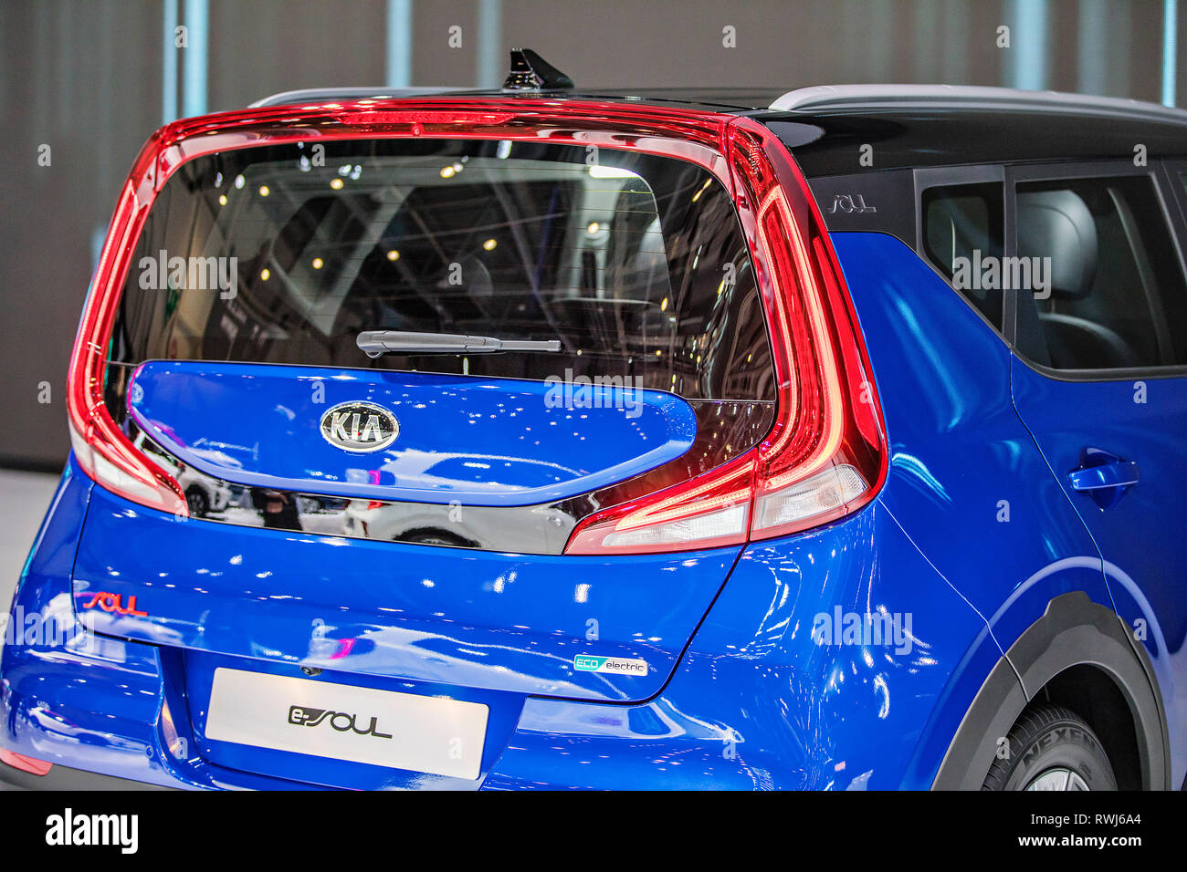 Kia e-Soul, electric car, was presented during the 2019 Geneva International Motor Show on Wednesday, March 6th, 2019. (CTK Photo/Rene Fluger) Stock Photo