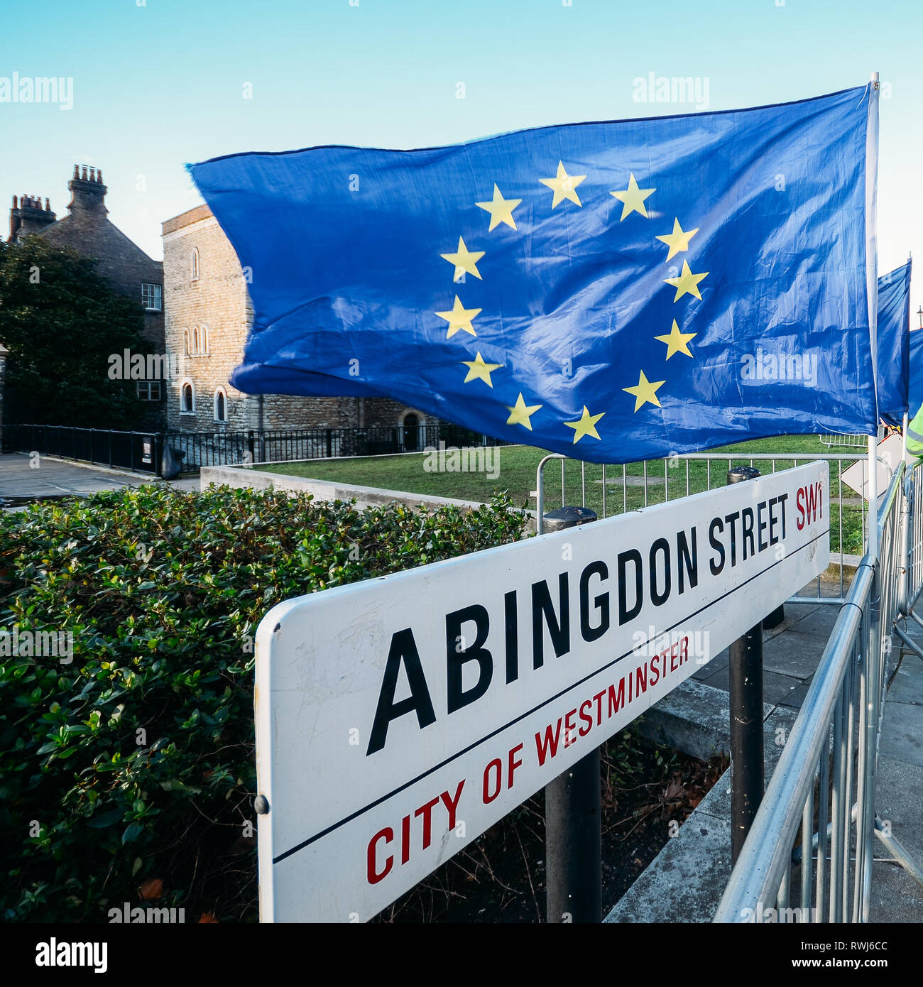 Abingdon Street in Westminster, London with EU flag in protest against Brexit. Stock Photo