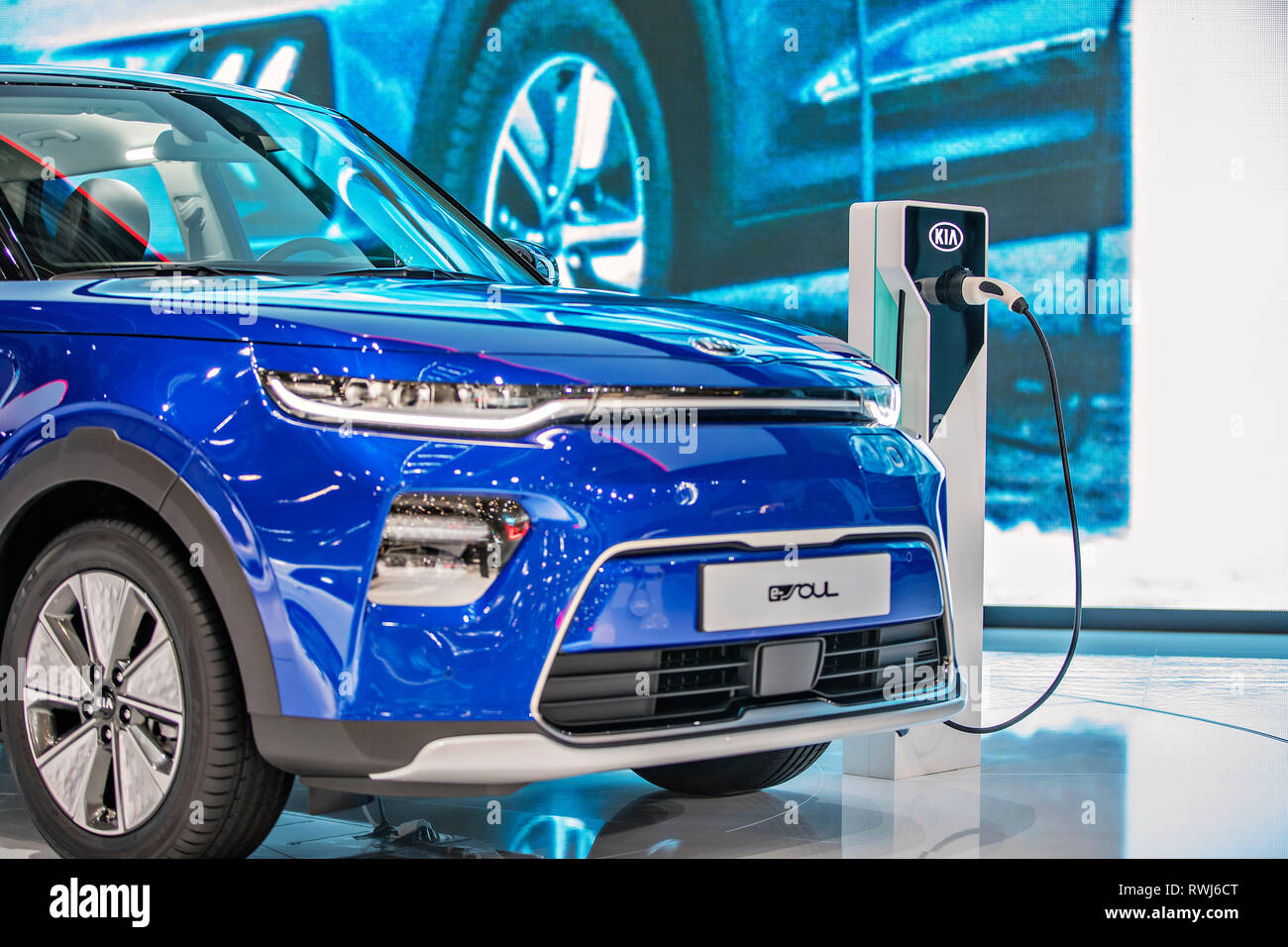 Kia e-Soul, electric car, was presented during the 2019 Geneva International Motor Show on Wednesday, March 6th, 2019. (CTK Photo/Rene Fluger) Stock Photo