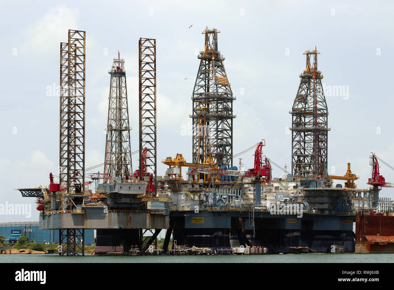 GALVESTON, TEXAS, USA - JUNE 9, 2018: Docked oil platform, offshore drilling rig, in Port of Galveston, Texas. Stock Photo