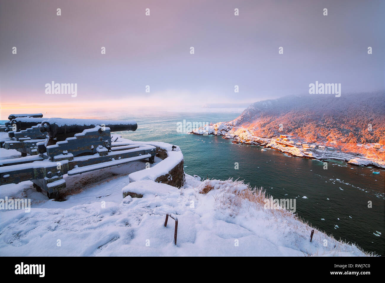 Sunrise on snow covered morning at the Queens Battery & Barracks, Signal Hill National Historic Site, St. John's, Newfoundland and Labrador Stock Photo