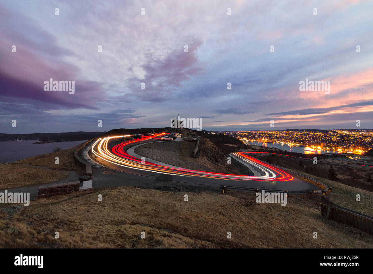 long exposure light trails, at Cabot Tower, Signal Hill National Historic Site, St. John's, Newfoundland and Labrador Stock Photo