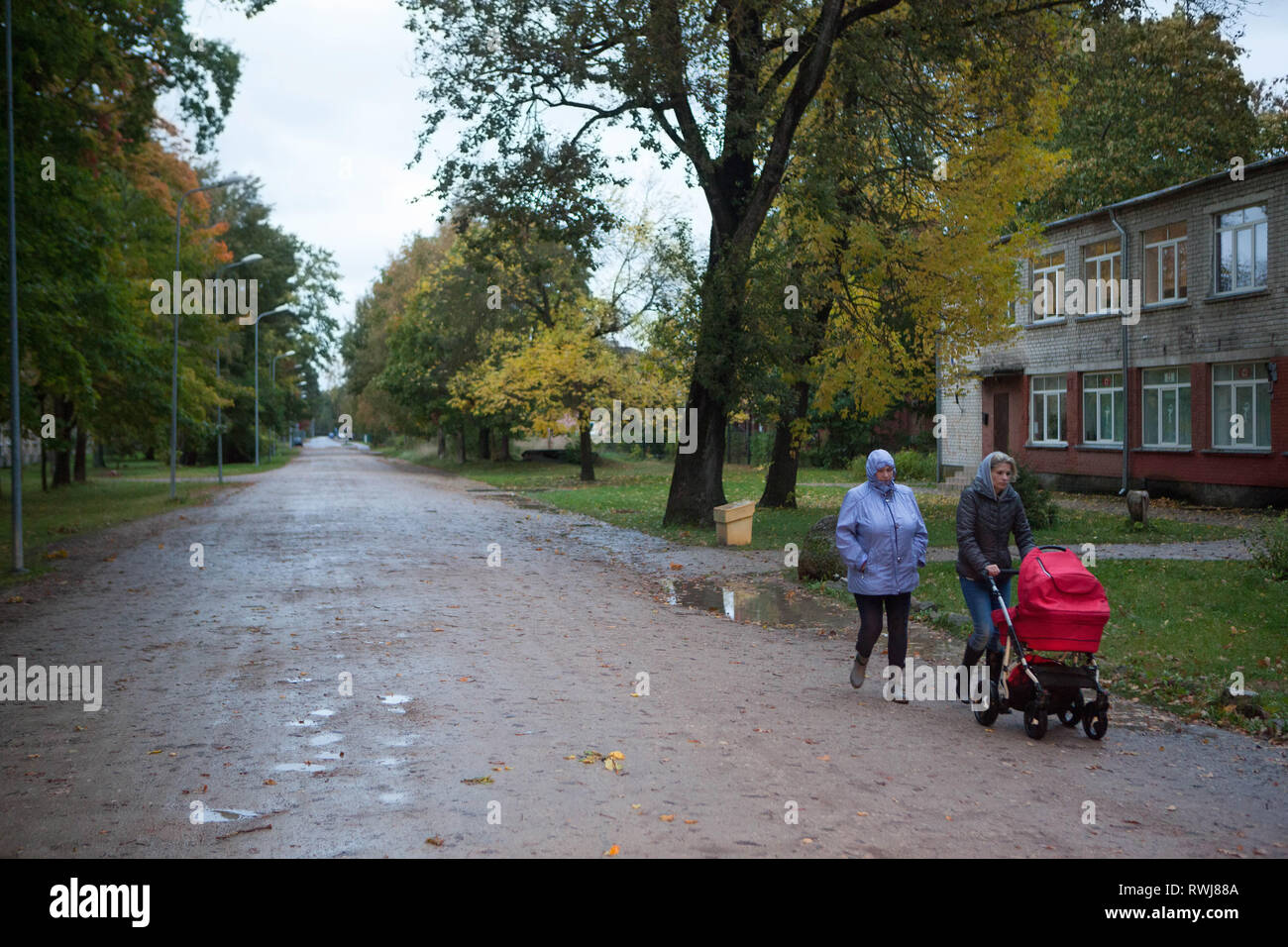 Two women with pushchair walking along tree lined road, Latvia Stock Photo