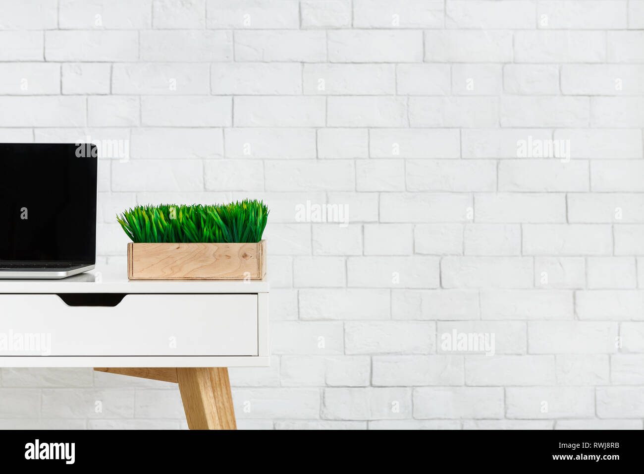 Laptop and box with plants on table, copy space Stock Photo