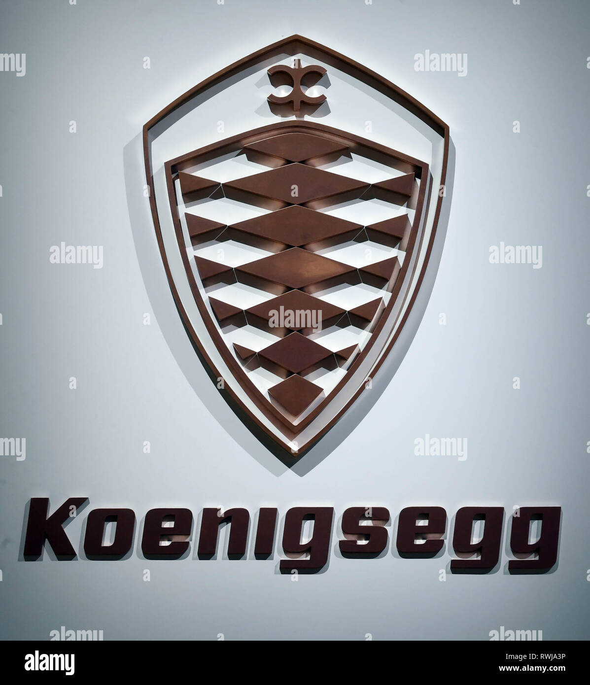 Genf, Switzerland. 06th Mar, 2019. A Koenigsegg logo, taken on the ...