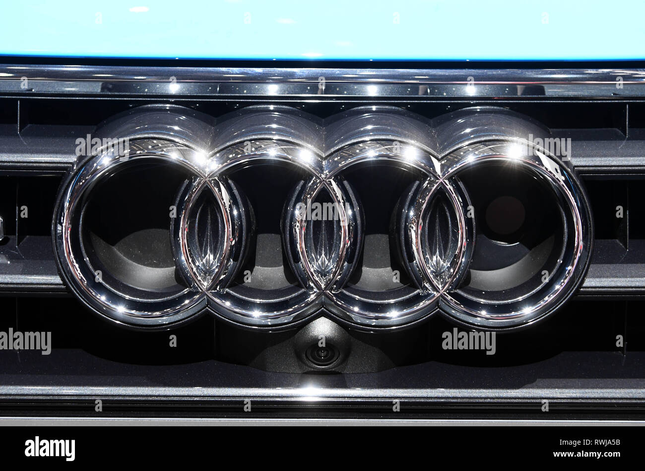 Genf, Switzerland. 06th Mar, 2019. An Audi logo, taken on the second press  day. The 89th Geneva Motor Show starts on 7 March and lasts until 17 March.  Credit: Uli Deck/dpa/Alamy Live
