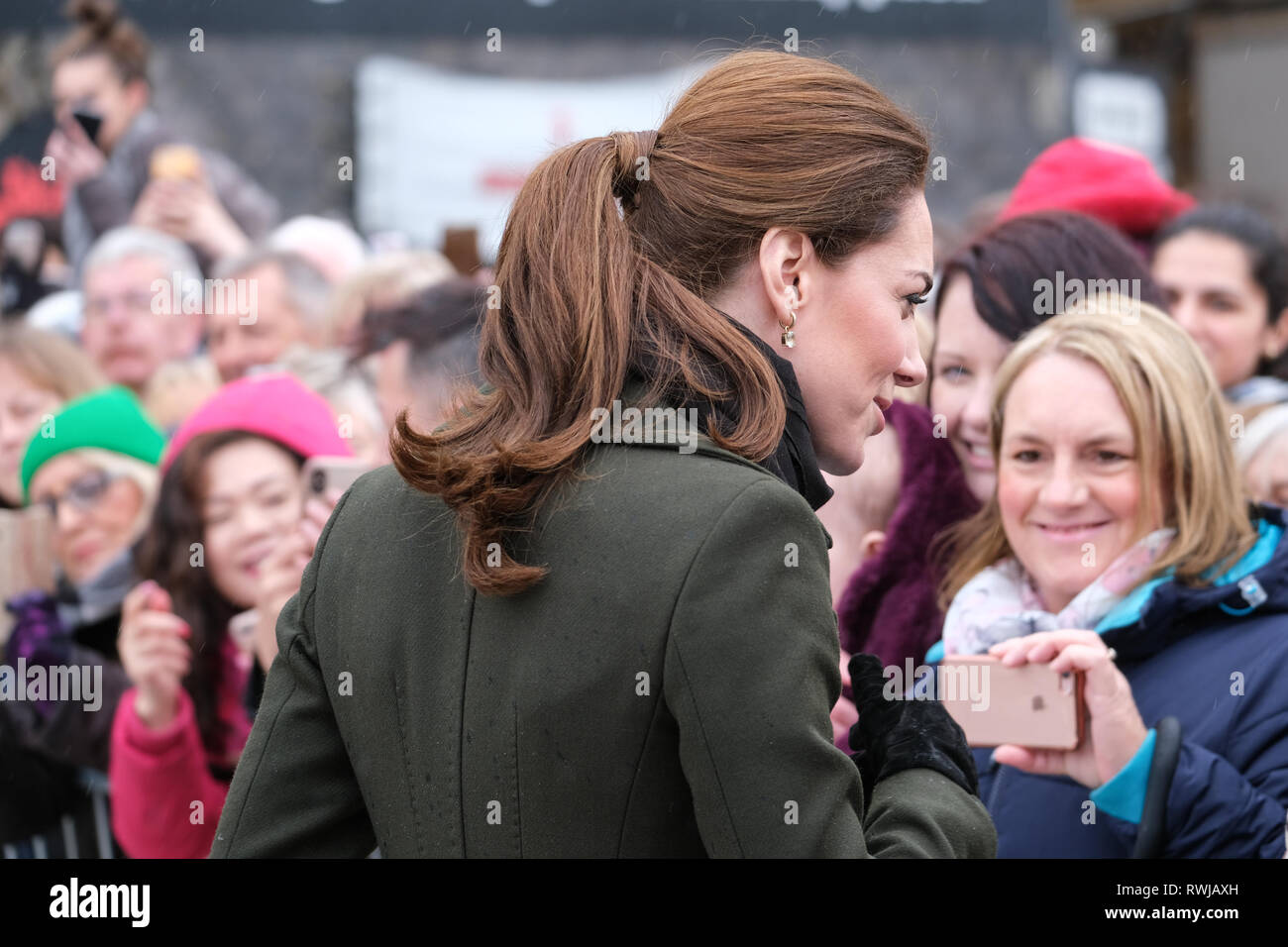 Blackpool, UK. 6th March 2019. The Duke and Duchess of Cambridge meeting members of the public on a wet day in Blackpool.  The Royals chatted to the public when they viewed the ‘Comedy Carpet’. The walkabout followed a visit to the Town’s most famous landmark, Blackpool Tower where they learned about the resort’s recent history, challenges and the investment and regeneration efforts that are underway. Credit: Paul Melling/Alamy Live News Stock Photo