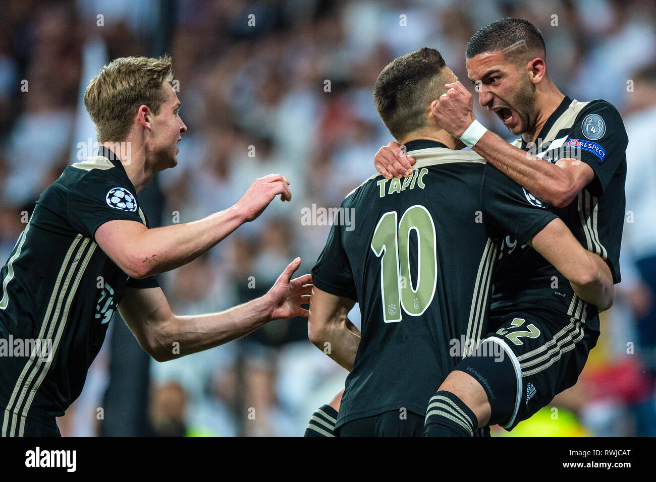 Madrid, Spain. 5th Mar, 2019. Soccer Real Madrid v AFC Ajax Champions League 2018-2019 Frenkie de Jong of Ajax, Dusan Tadic of Ajax, Hakim Ziyech of Ajax Credit: Orange Pictures vof/Alamy Live News Stock Photo