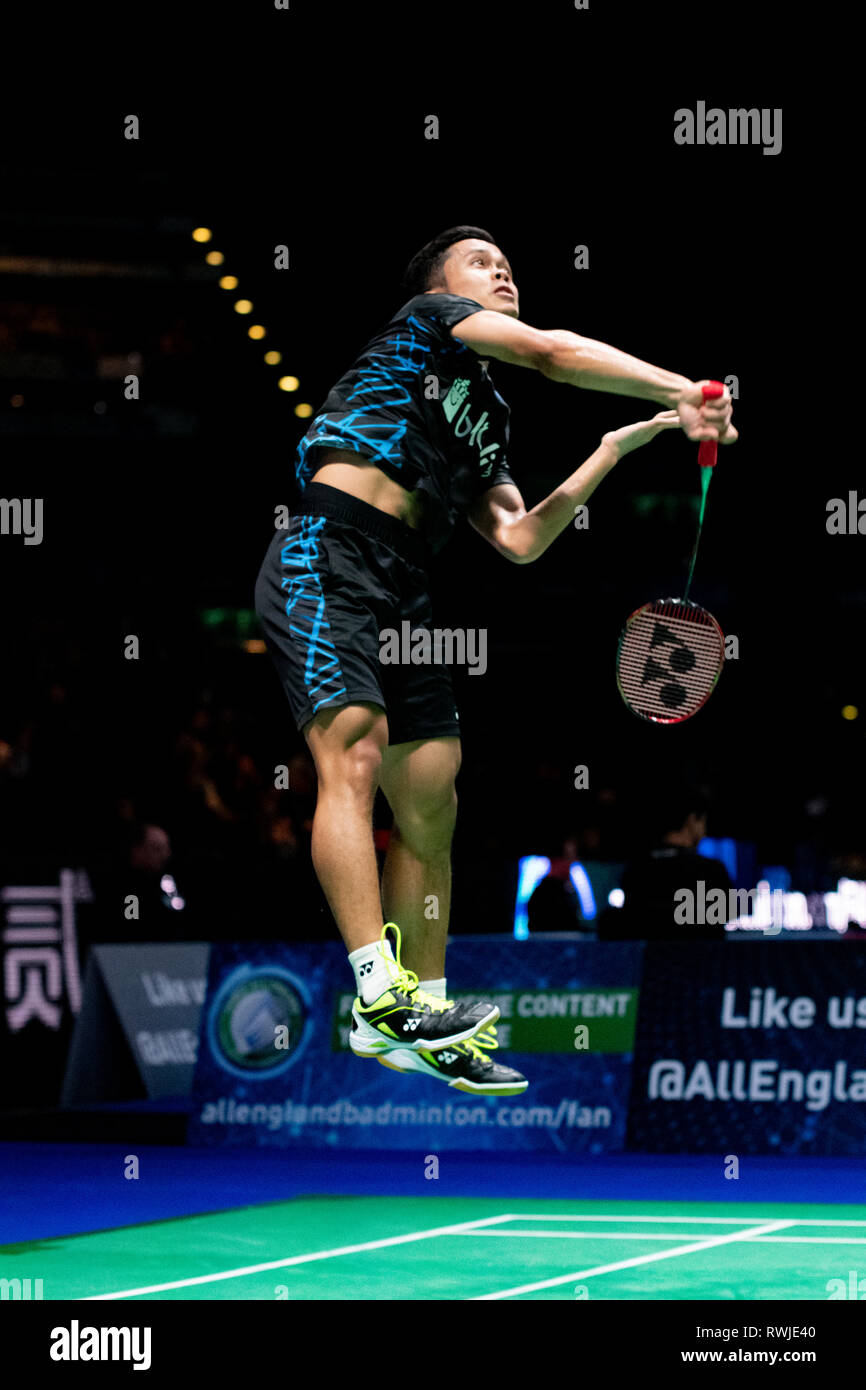 Birmingham, UK. 6th March, 2019. All England Open Badminton Championships :  BIRMINGHAM, ENGLAND - MARCH 6 : MEN'Singles A .GINTING of INDONESIA in  action at the Yonex All England Open Badminton Championships