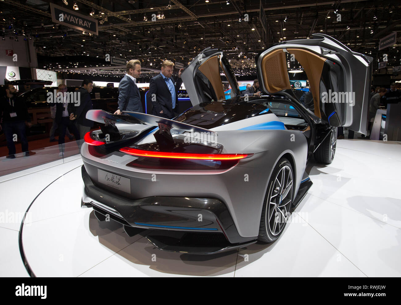Geneva. 6th Mar, 2019. Photo taken on March 6, 2019 shows the Pininfarina Battista Electric Hypercar at the 89th Geneva International Motor Show in Geneva, Switzerland. Electric cars and hybrid cars are highlights at this year's Geneva International Motor Show, which will open to the public from March 7 to 17. Credit: Xu Jinquan/Xinhua/Alamy Live News Stock Photo