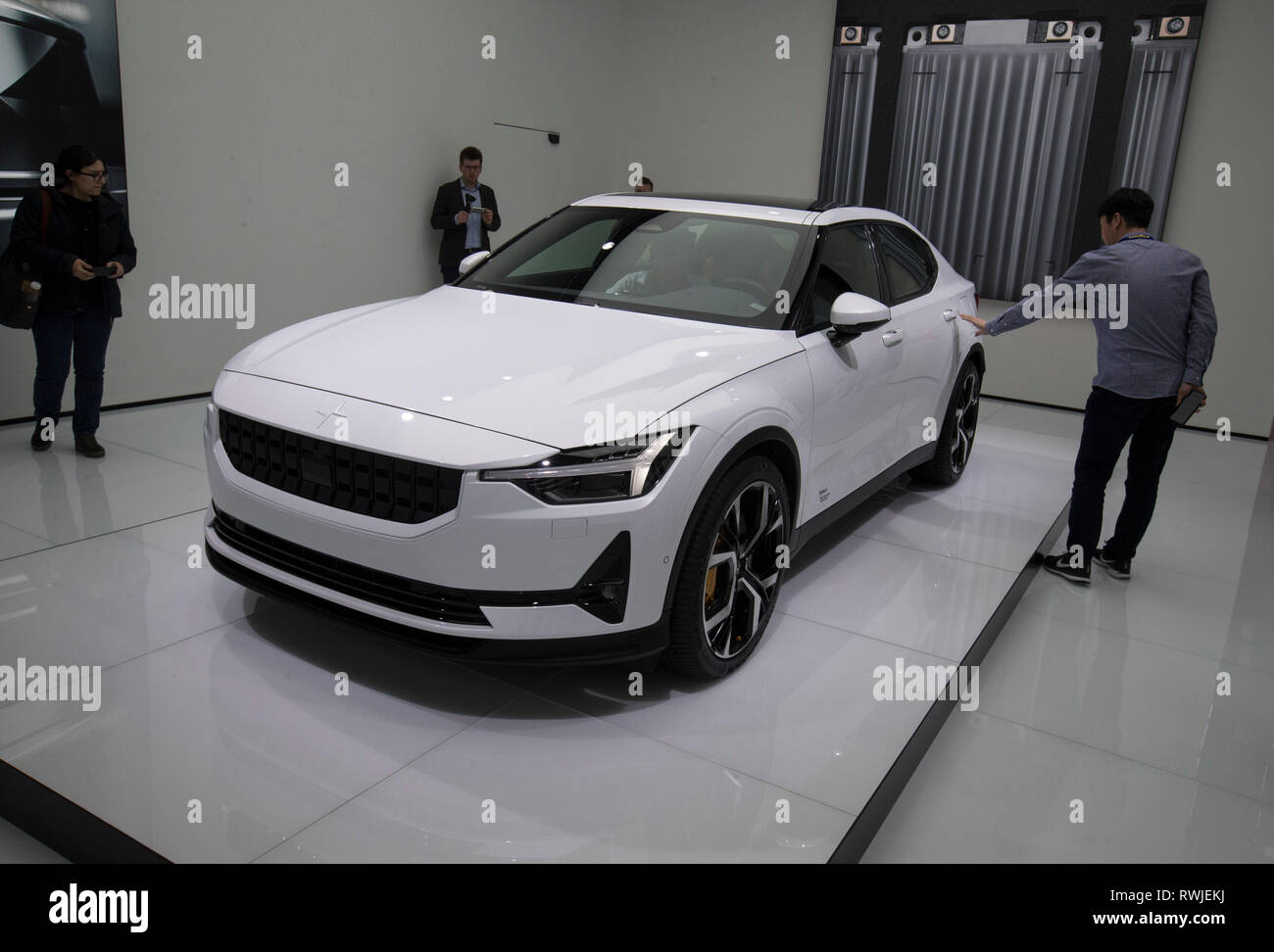 Geneva. 6th Mar, 2019. Photo taken on March 6, 2019 shows the all-electric Polestar 2 at the 89th Geneva International Motor Show in Geneva, Switzerland. Electric cars and hybrid cars are highlights at this year's Geneva International Motor Show, which will open to the public from March 7 to 17. Credit: Xu Jinquan/Xinhua/Alamy Live News Stock Photo