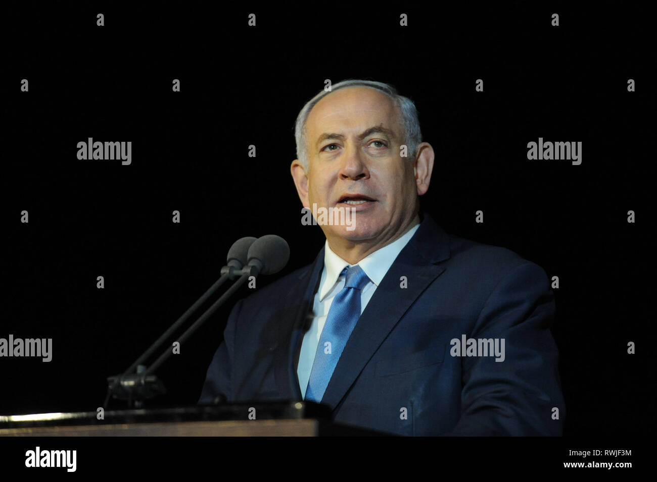 Haifa, Israel. 6th Mar, 2019. Israeli Prime Minister Benjamin Netanyahu speaks during the Israeli navy cadets course graduation ceremony in Haifa navy base, Israel, on March 6, 2019. Credit: JINI/Xinhua/Alamy Live News Stock Photo