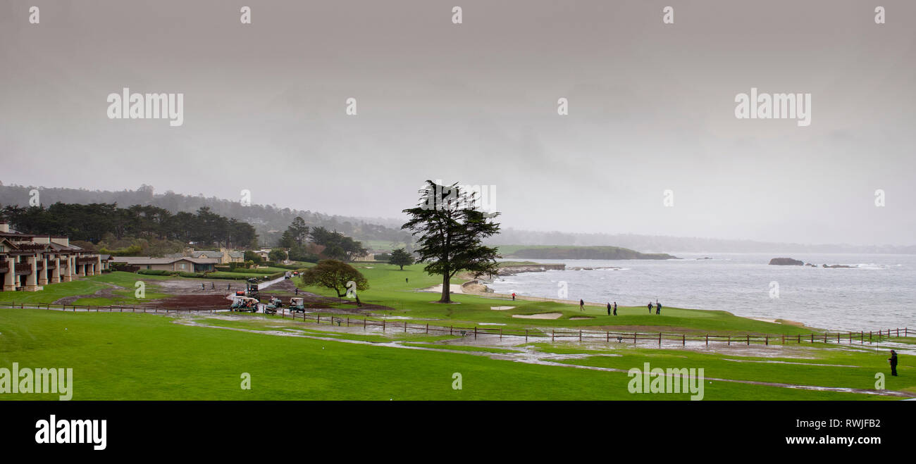 Pebble Beach, California, USA  6th March, 2019  After the storms and high rainfall in California over recent weeks, and the AT&T tournament, Pebble Beach ground crews are clearing up the course so the 'build' for the 2019 US Open Golf championship. can begin. Stock Photo