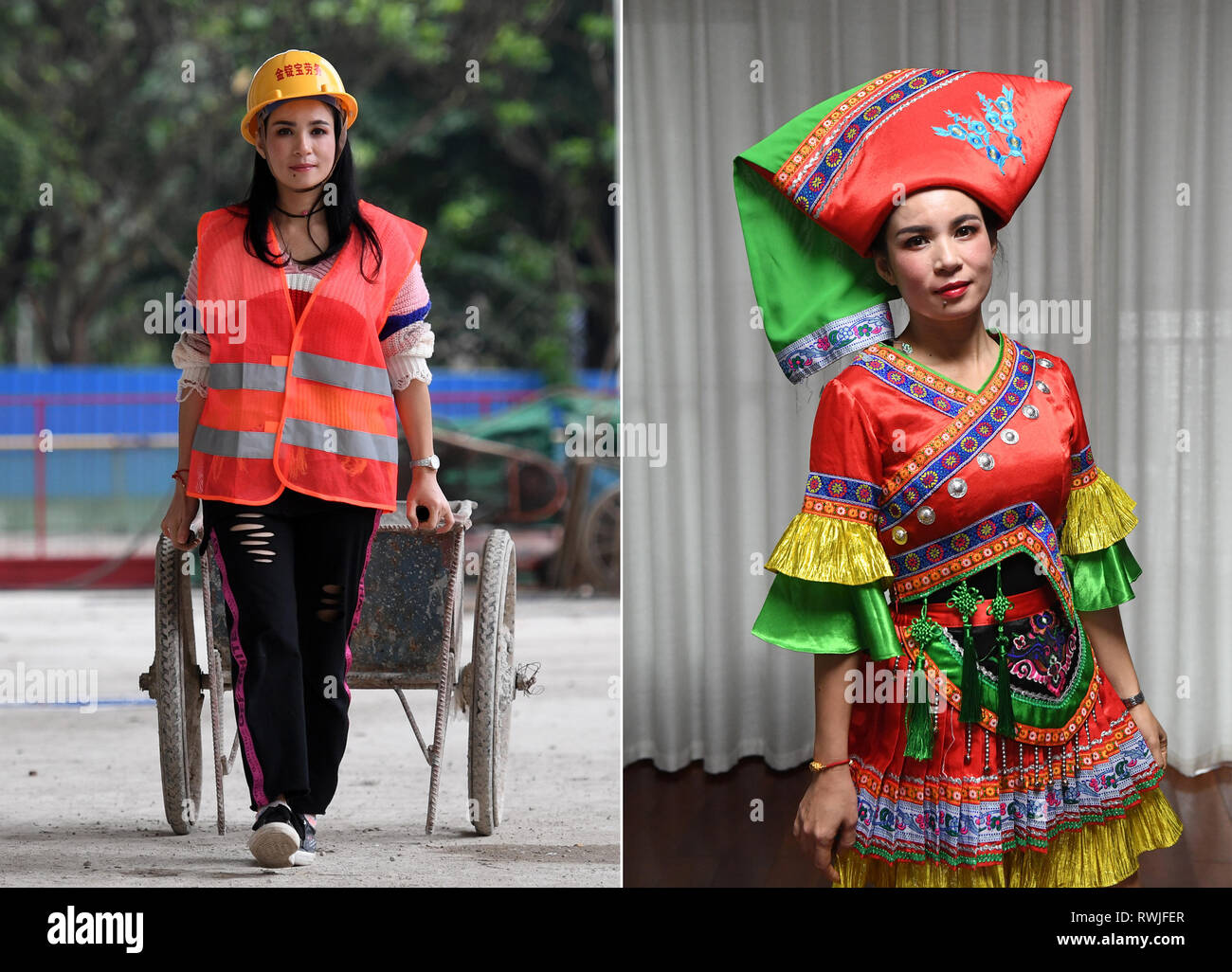 (190307) -- NANNING, March 7, 2019 (Xinhua) -- Combination photo taken on March 6, 2019 shows worker Qin Jiaxiu working at the construction site (L) and dressed up as 'Liu Sanjie', a famous legendary folk song singer of Zhuang ethnic group, at a photography studio, in Nanning, south China's Guangxi Zhuang Autonomous Region. As the International Women's Day is drawing near, the Guangxi branch of China Construction Third Bureau First Engineering Co., Ltd chose eight female workers from different posts to take photos dressing the clothes of Zhuang ethnic group to record their beautiful moments on Stock Photo