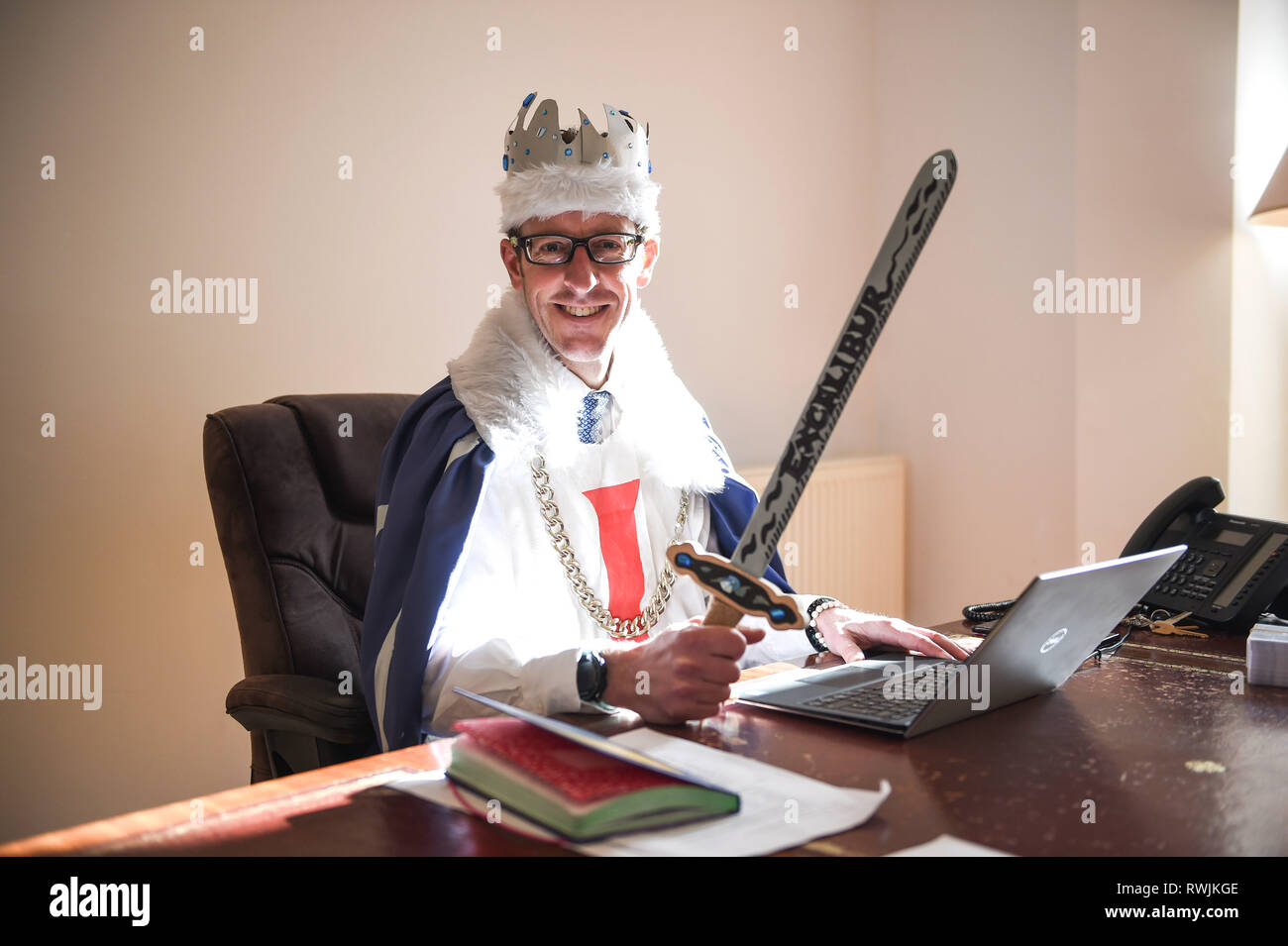 Eastbourne UK 7th March 2019 -  Principal of Roedean Moira House School in Eastbourne Andrew Wood dressed as King Arthur today as part of World Book Day Stock Photo