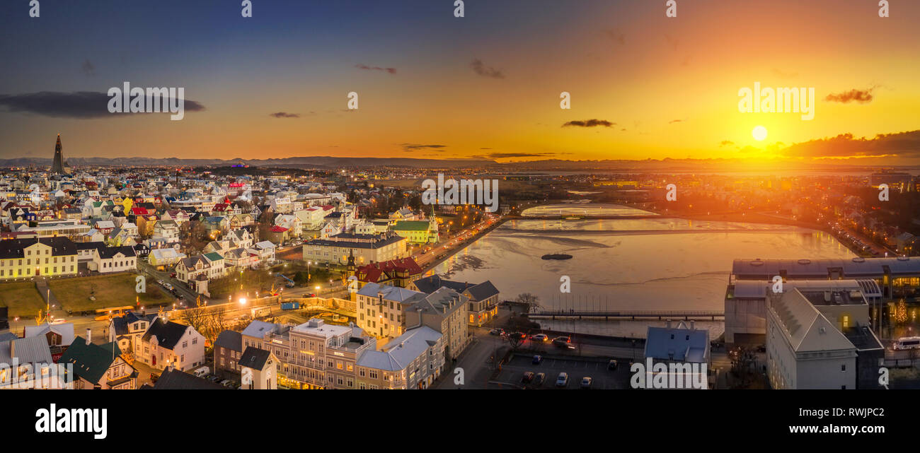 Reykjavik pond and Hallgrimskirkja at sunset, Reykjavik, Iceland Stock Photo