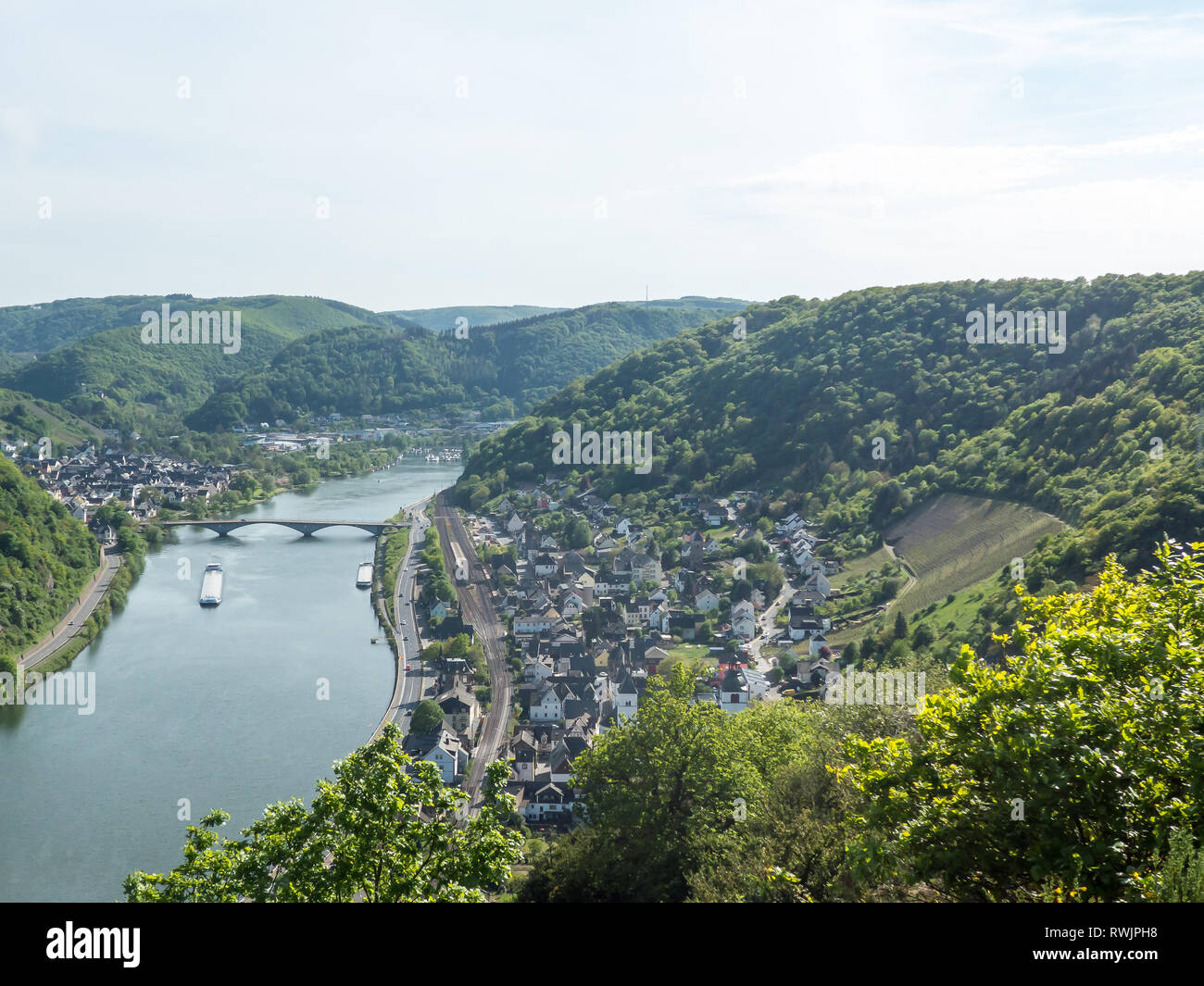 looking at Treis-Karden at the river moselle Stock Photo