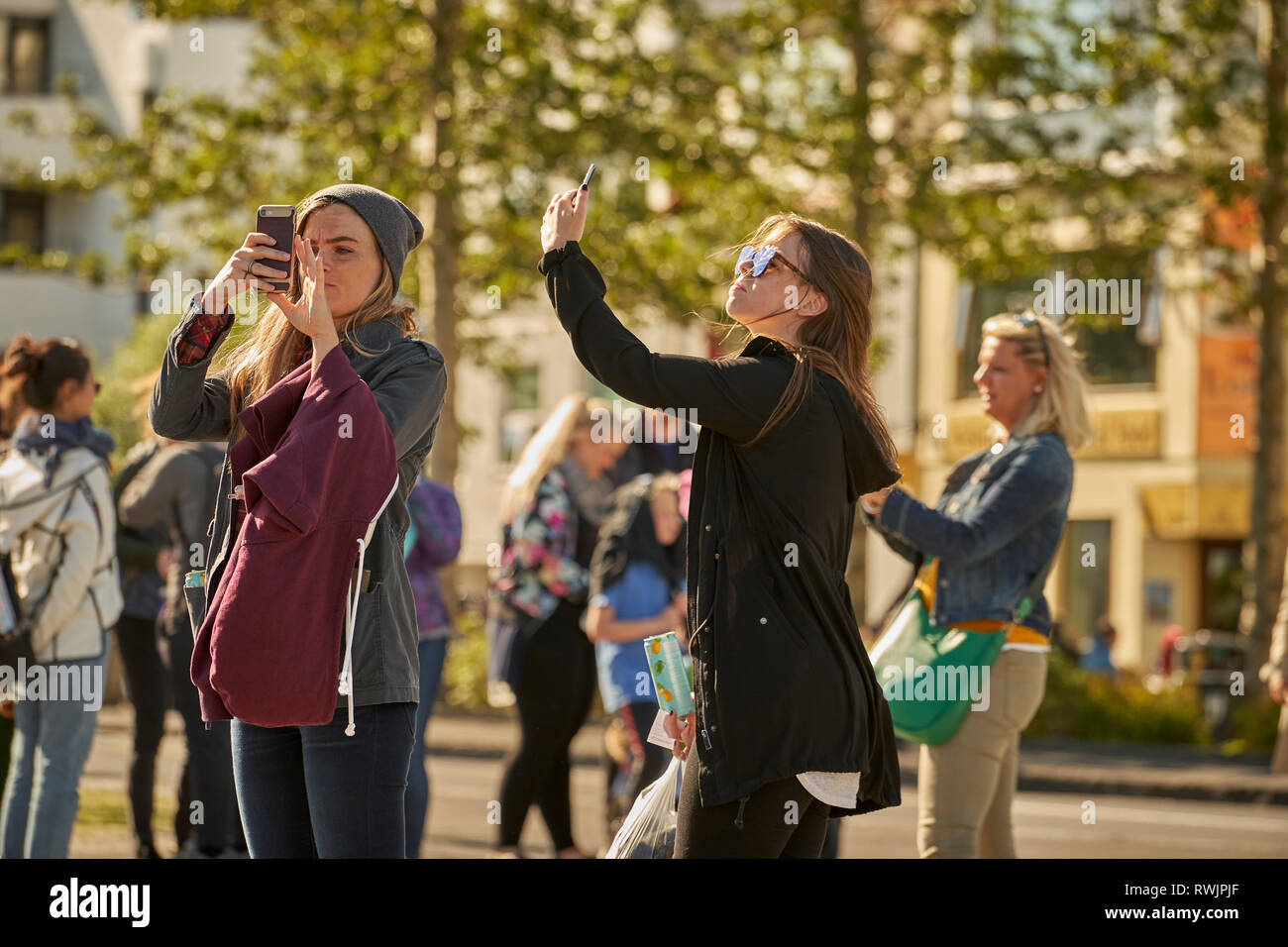 Taking pictures with a smartphone, Reykjavik Festival, Iceland Stock Photo