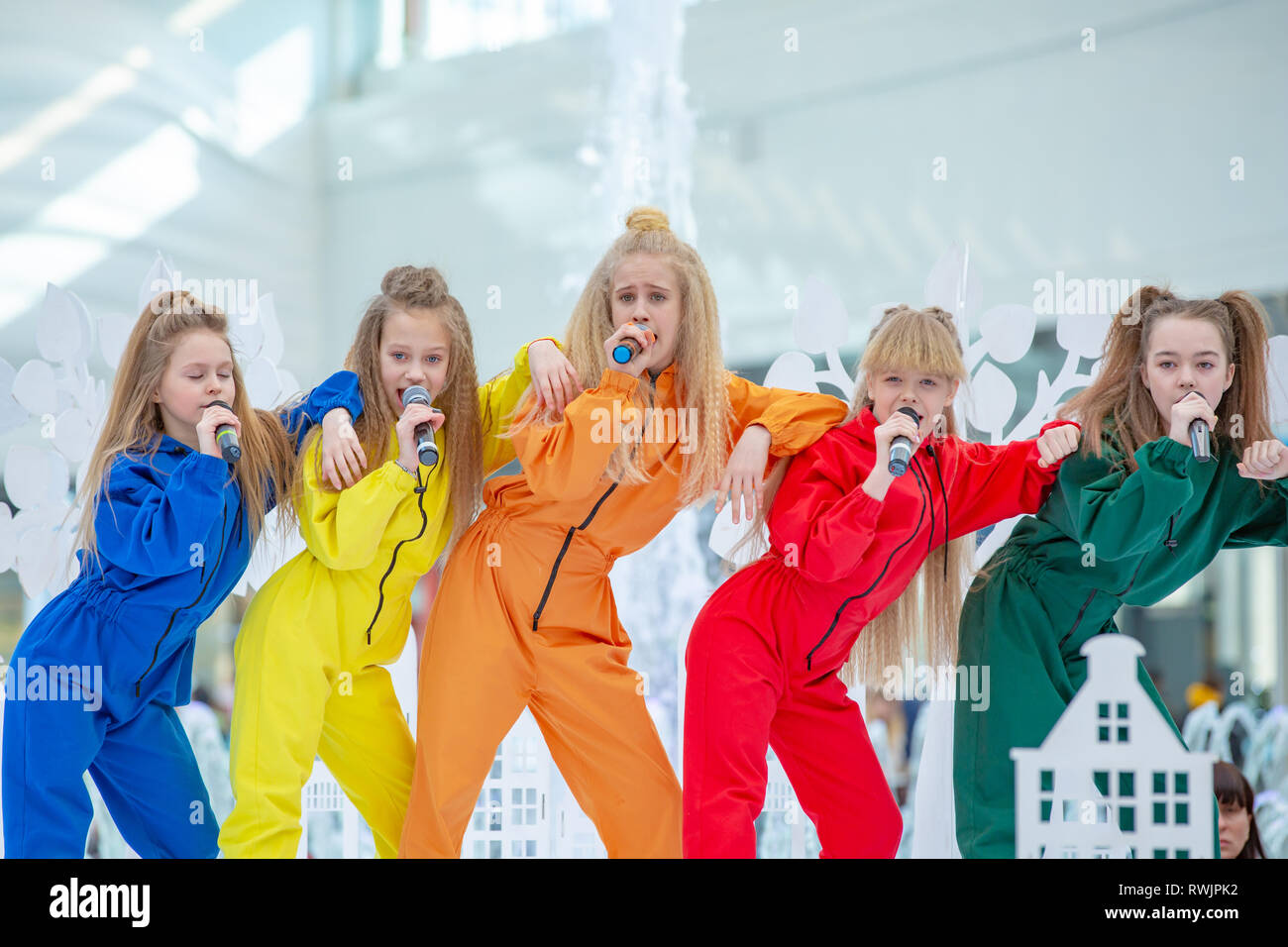 Kyiv, Ukraine March 03.2019. UKFW. Ukrainian Kids Fashion Day. A group of little girls singing or performing on stage or podium Stock Photo
