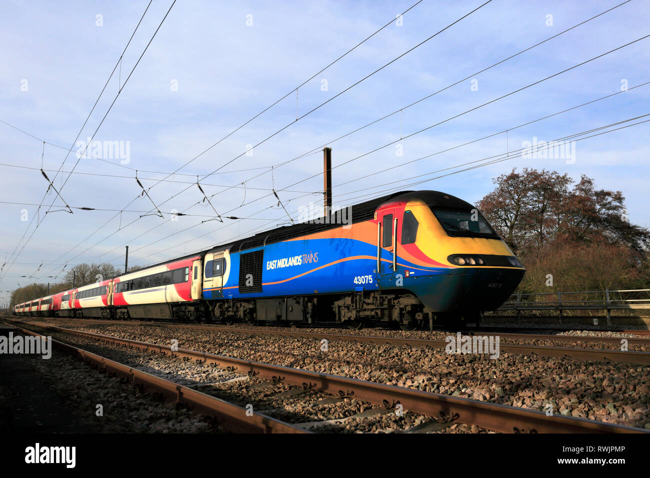 East Midlands trains 43075, East Coast Main Line Railway, Newark on Trent, Nottinghamshire, England; UK Stock Photo