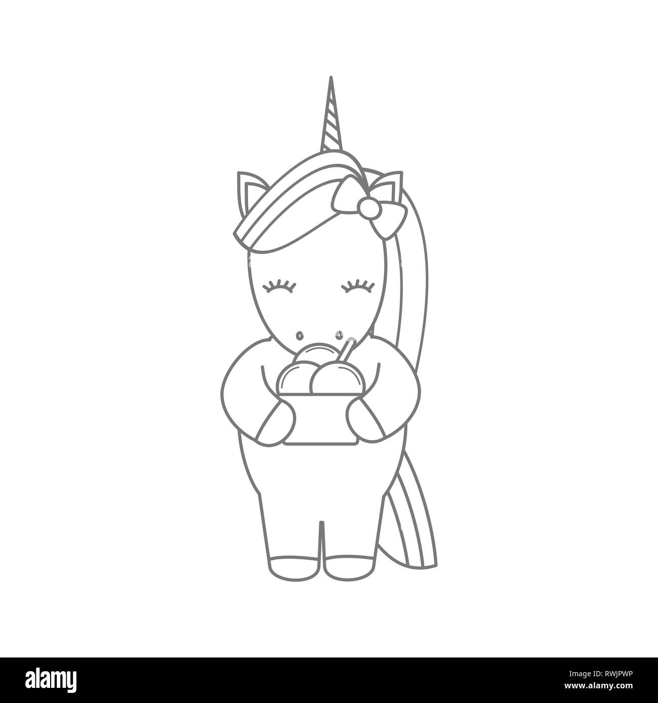 cute cartoon vector black and white unicorn with ice cream ...
