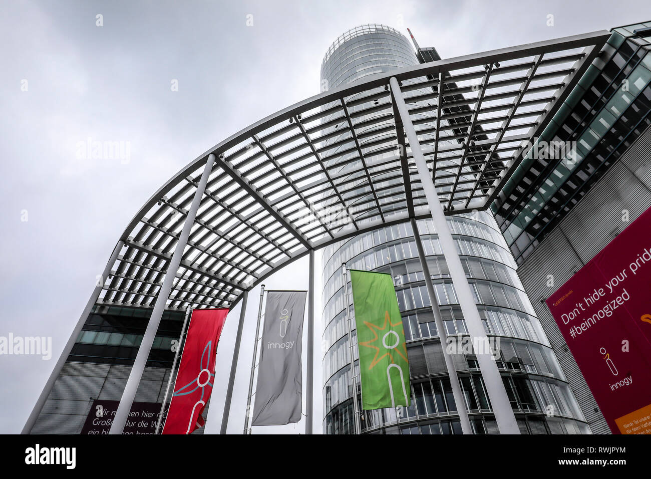 Essen, North Rhine-Westphalia, Germany - Innogy, flags in front of the RWE Tower. Essen, Nordrhein-Westfalen, Deutschland - Innogy, Fahnen vor dem RWE Stock Photo