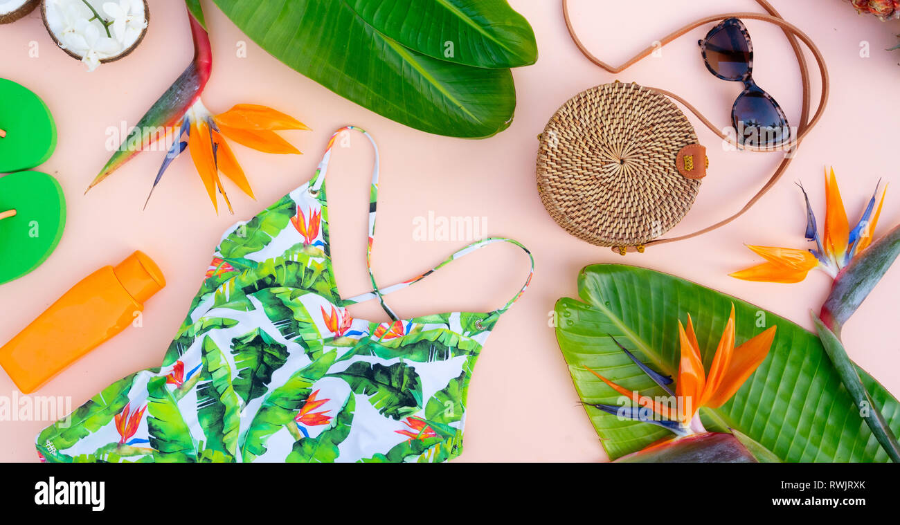 Flatsy Summer Summer flat lay scenery with swimsuit Stock Photo - Alamy